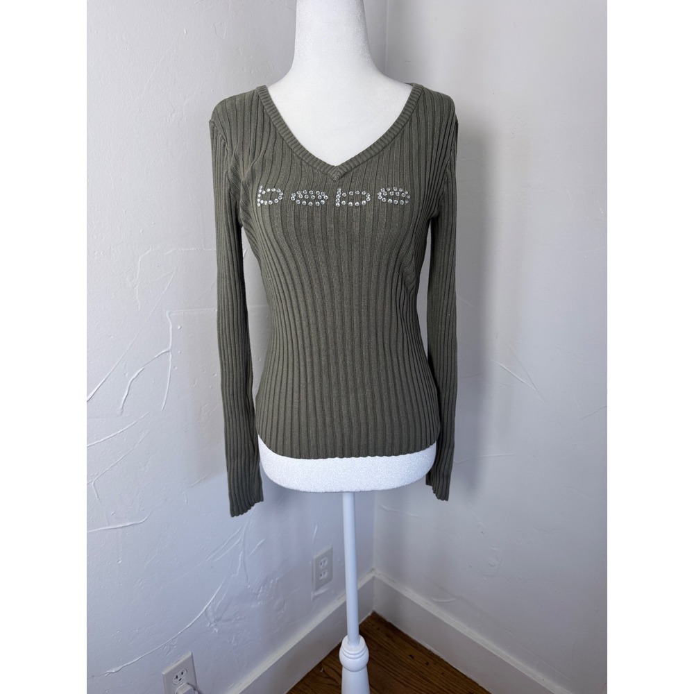 Bebe Y2K Rhinestone Logo Ribbed V Neck Sweater Deep Lichen Green M